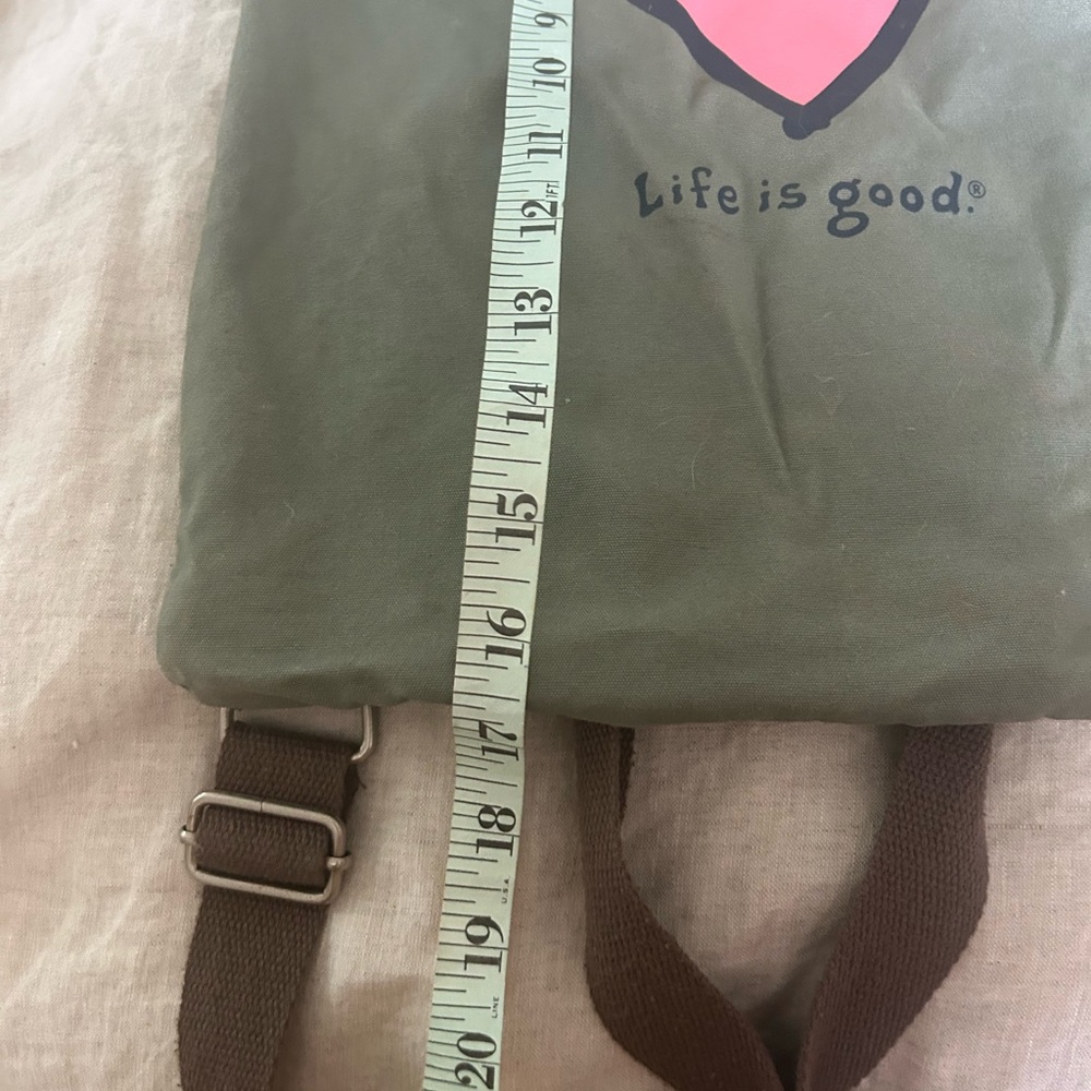 Life Is Good Olive Green Tote with Pink Heart